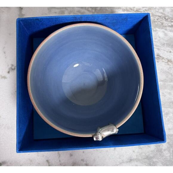 Vintage Rare Siam Celadon Thailand Pottery Wood Ash Glaze Bowl Metal Rim Pig NOS - Picture 12 of 14